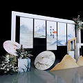 Chinese Style Decorative Display Featuring Screen with Landscape Art Fans Floral Arrangements and Mountain Decor
