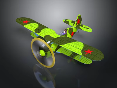 Aerospace Themed Vintage Green Black Camouflage Biplane Model With Red Star And Yellow Propeller 3d model