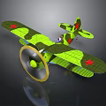 Aerospace Themed Vintage Green Black Camouflage Biplane Model With Red Star And Yellow Propeller