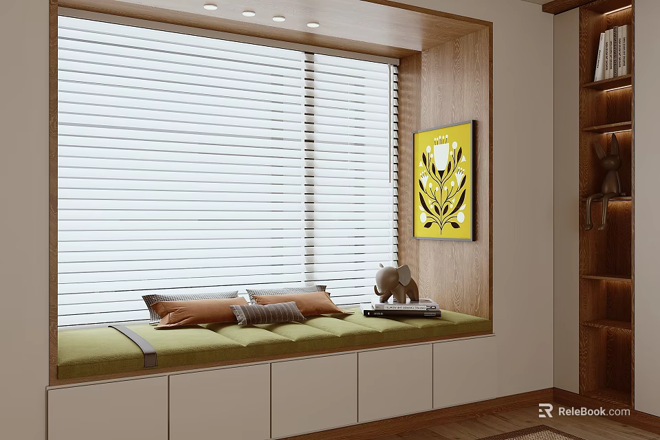 Cozy Bay Window With Green Cushion Brown Gray Pillows Venetian Blinds And Yellow Artwork 3d model 