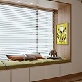 Cozy Bay Window With Green Cushion Brown Gray Pillows Venetian Blinds And Yellow Artwork