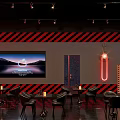 Modern Bar Interior With Red Black Striped Walls Large Screen And Neon Light