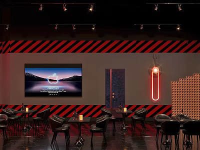 Modern Bar Interior With Red Black Striped Walls Large Screen And Neon Light 3d model