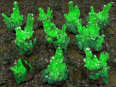 Natural Stone Wood Decorative Pieces With Green Crystal Clusters And Foliage 3d model