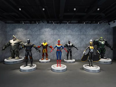 Various Superhero Action Figures Showcased On Pedestals With Gray Brick Wall Background And Lighting 3d model