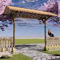 Rustic Entrance Gate with Thatched Roof Cherry Blossom Trees Stone Path Wooden Fence and Chickens