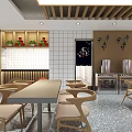 Cozy Restaurant Interior With Wooden Ceiling Tables Chairs Decorative Posters And Display Case