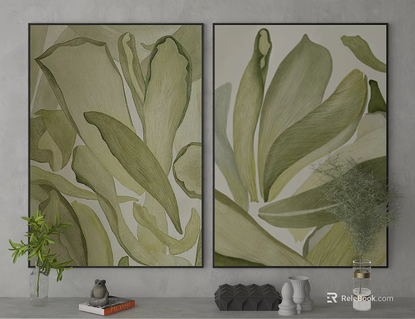 Green Leaf Themed Wall Art Decorative Paintings For Modern Interior Home Decor 3d model 