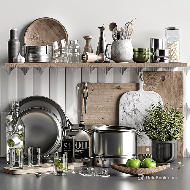 Kitchen Decorative Ornament Set With Wooden Metal Marble Cutting Boards Pots Green Plants Shelf 3d model 