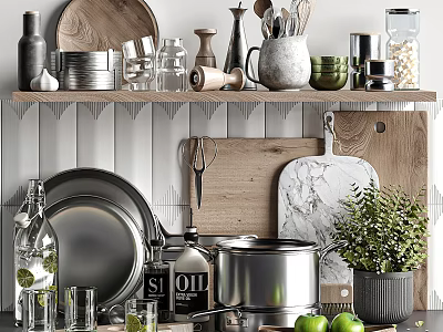 Kitchen Decorative Ornament Set With Wooden Metal Marble Cutting Boards Pots Green Plants Shelf 3d model