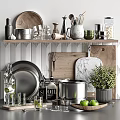 Kitchen Decorative Ornament Set With Wooden Metal Marble Cutting Boards Pots Green Plants Shelf