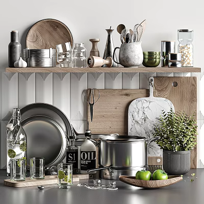 Kitchen Decorative Ornament Set With Wooden Metal Marble Cutting Boards Pots Green Plants Shelf 3d model