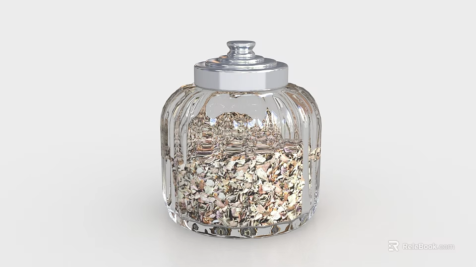 Transparent Ceramic Vessel With Vertical Stripe Design And Silver Lid Containing Shell Fragments 3d model
