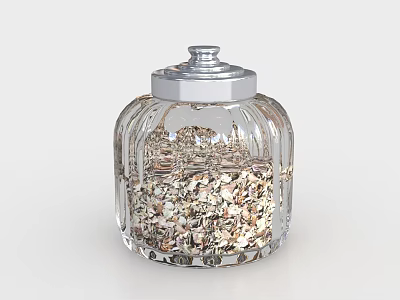 Transparent Ceramic Vessel With Vertical Stripe Design And Silver Lid Containing Shell Fragments 3d model