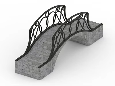 Ornate Stone Brick Bridge With Black Iron Railings And Arched Design 3d model
