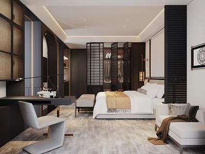 Modern Hotel Room Interior Design With King Bed Wardrobe And Seating Furniture 3d model