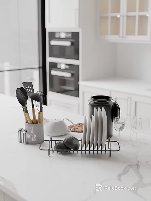 Modern Kitchen Interior With White Countertop Black Utensil Holder And Silver Cutlery 3d model 