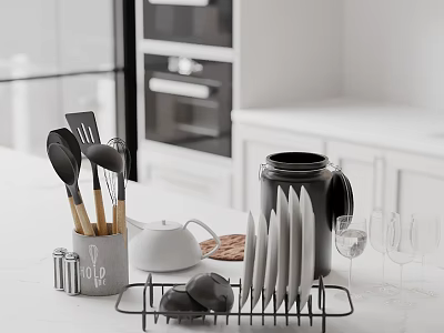 Modern Kitchen Interior With White Countertop Black Utensil Holder And Silver Cutlery 3d model