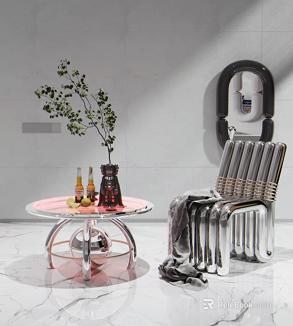 Modern Chrome Single Chair With Woven Seat And Pink Round Coffee Table With Green Plant 3d model 