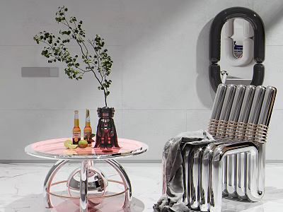 Modern Chrome Single Chair With Woven Seat And Pink Round Coffee Table With Green Plant 3d model