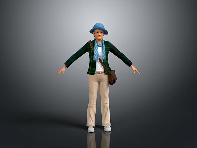 Stylish Daily Living Items Blue Hat Green Plaid Jacket Beige Pants And Brown Bag 3d model