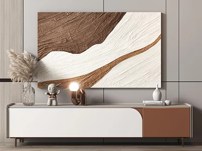 Modern TV Stand with White Brown Design Decorative Painting Warm Lighting and Ornaments 3d model