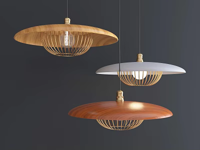 Modern Wooden White Brown Shade Pendant Lights With Cage Design Hanging For Home Interior Decor 3d model