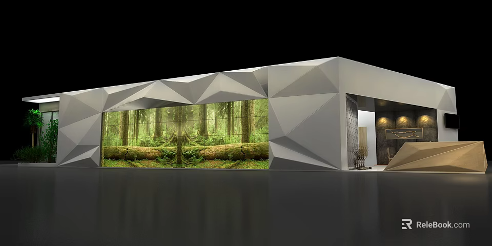 Exhibition Booth With Geometric Gray Design And Large Forest Backdrop Display Area 3d model 