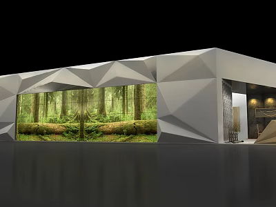 Exhibition Booth With Geometric Gray Design And Large Forest Backdrop Display Area 3d model