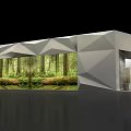 Exhibition Booth With Geometric Gray Design And Large Forest Backdrop Display Area