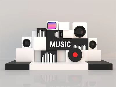 Music Stage Display with Sign Speakers Vinyl Record Sound Wave Graphics and White Black Blocks 3d model
