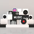 Music Stage Display with Sign Speakers Vinyl Record Sound Wave Graphics and White Black Blocks