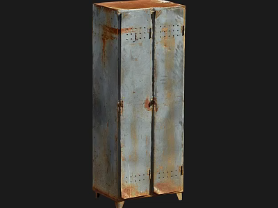 Rusty Metal Cabinet With Double Doors And Perforated Details On Black Background 3d model