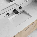 Modern Washbasin with Marble Countertop Black Faucet and Wooden Cabinets in Minimalist Design