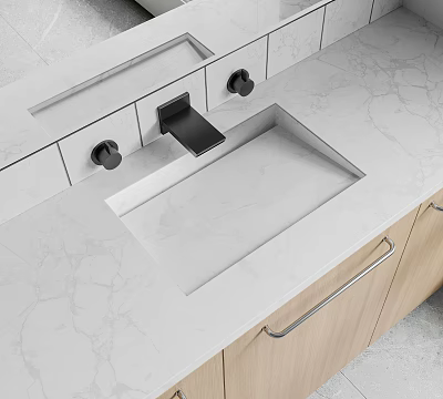 Modern Washbasin with Marble Countertop Black Faucet and Wooden Cabinets in Minimalist Design 3d model