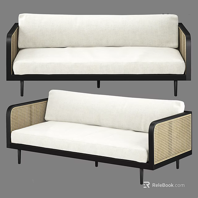 Modern Multi Seater Sofa With Black Frame Wicker Armrests And Beige Cushions 3d model