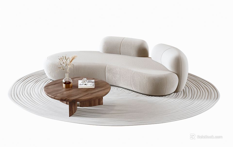 Modern Multi-seater Sofa With Curved Design Wooden Coffee Table Vase And Books On Light colored Rug 3d model 