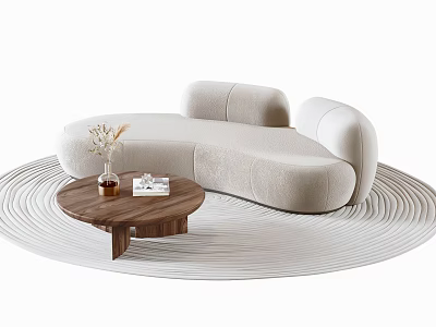 Modern Multi-seater Sofa With Curved Design Wooden Coffee Table Vase And Books On Light colored Rug 3d model