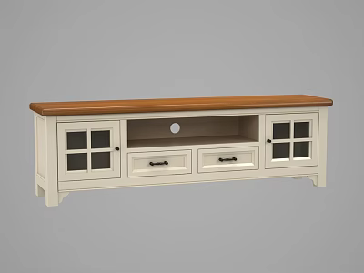 Simple White TV Stand With Wooden Top Glass Doors And Drawers Design 3d model