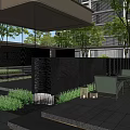 Modern Building Facade With Symmetric Entrance Glass Door Green Plant And Stone Walls