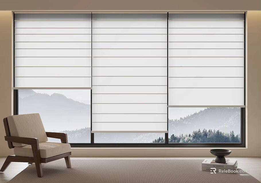 White Window Blinds With Mountain View And Trees In Cozy Room Interior 3d model