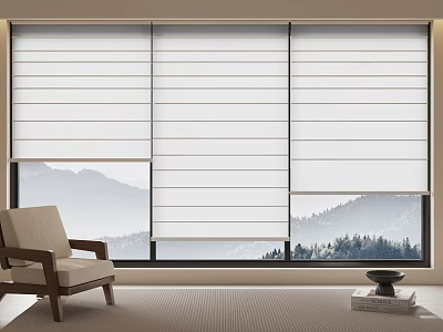 White Window Blinds With Mountain View And Trees In Cozy Room Interior 3d model