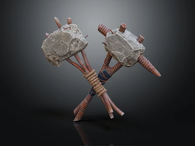 Medieval Crossed Stone Headed Weapons With Wooden Handles And Rope Bindings 3d model