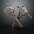 Medieval Crossed Stone Headed Weapons With Wooden Handles And Rope Bindings