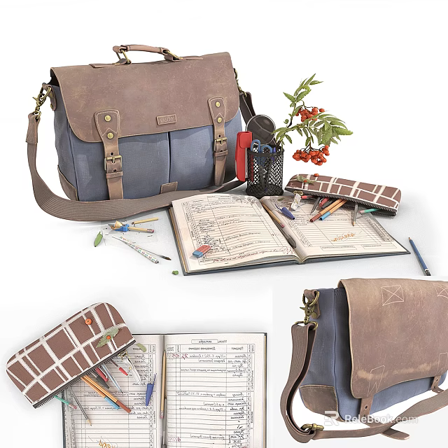 Vintage Messenger Bag With Stationery Notebook Pencil Case And Pens 3d model 