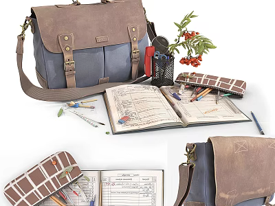 Vintage Messenger Bag With Stationery Notebook Pencil Case And Pens 3d model