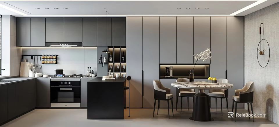 Modern Kitchen Interior With Dark Cabinetry Island Counter And Dining Chairs 3d model 