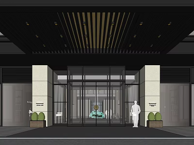 Modern Hotel Lobby Entrance With Glass Doors Architectural Ceiling Design And Green Plants 3d model