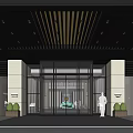 Modern Hotel Lobby Entrance With Glass Doors Architectural Ceiling Design And Green Plants