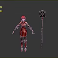 Red Hair Female Character In Red Tight Suit With Mechanical Arms And Hexagonal Hammer